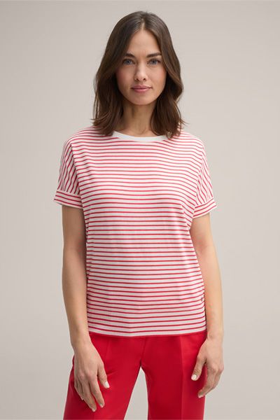 Gestreiftes Lyocell-Baumwoll-Shirt mit U-Boot-Ausschnitt