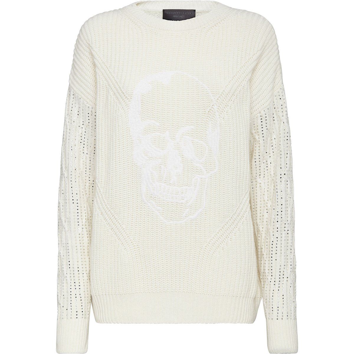 Kaschmir-Rippstrickpullover mit Totenkopf-Stickerei