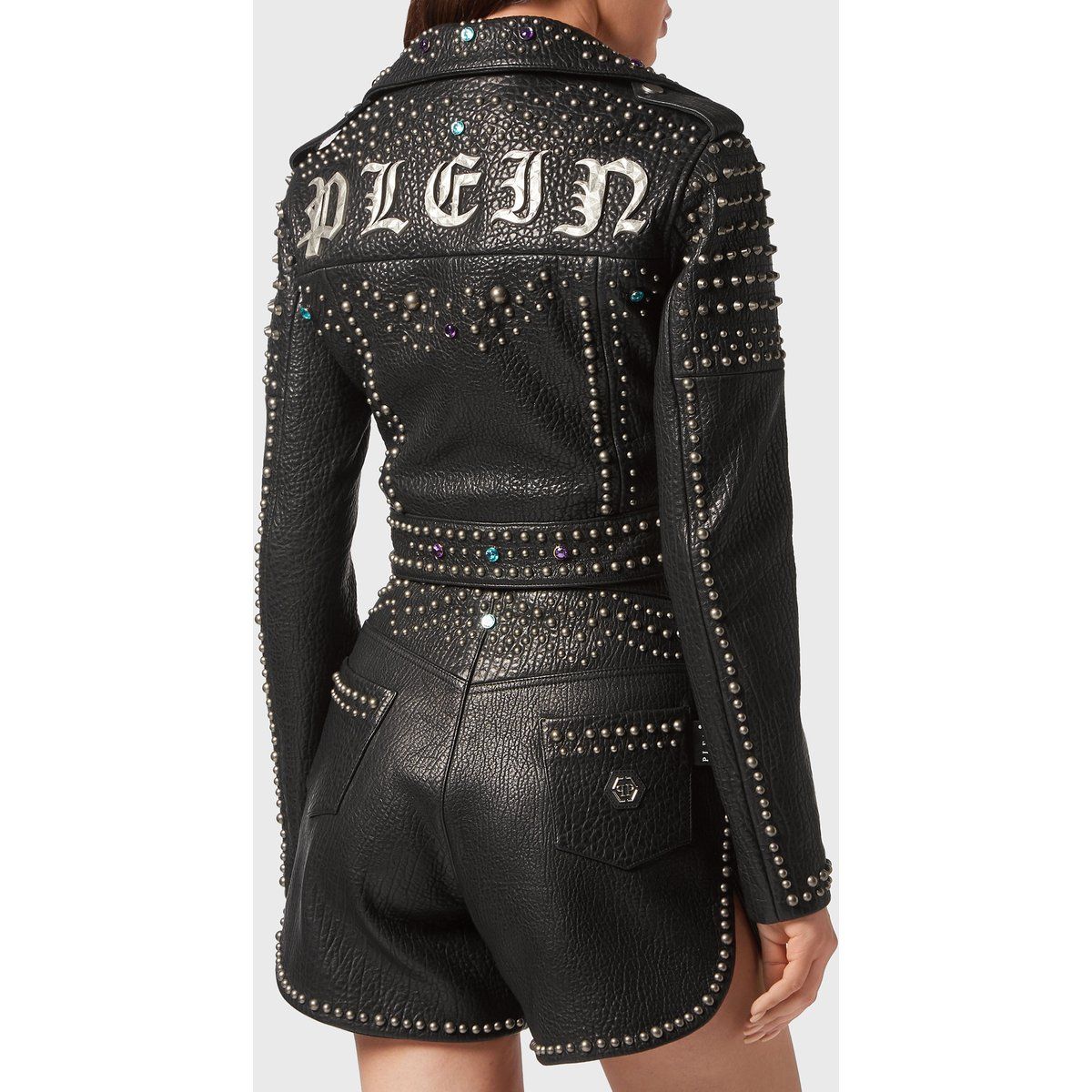 Besetzte Leder-Bikerjacke mit Gothic-Schriftzug