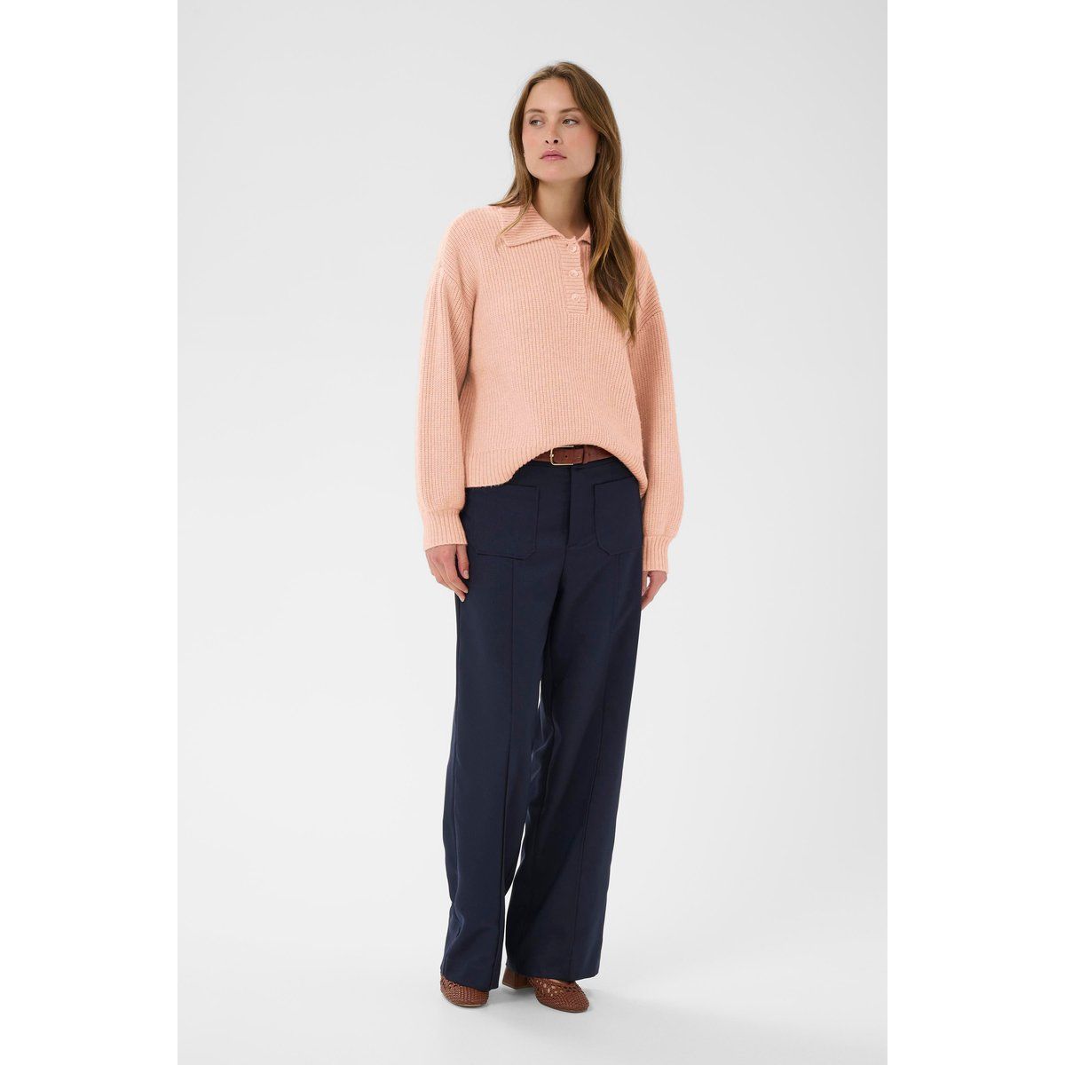 Lockerer Rippstrick-Polo-Pullover