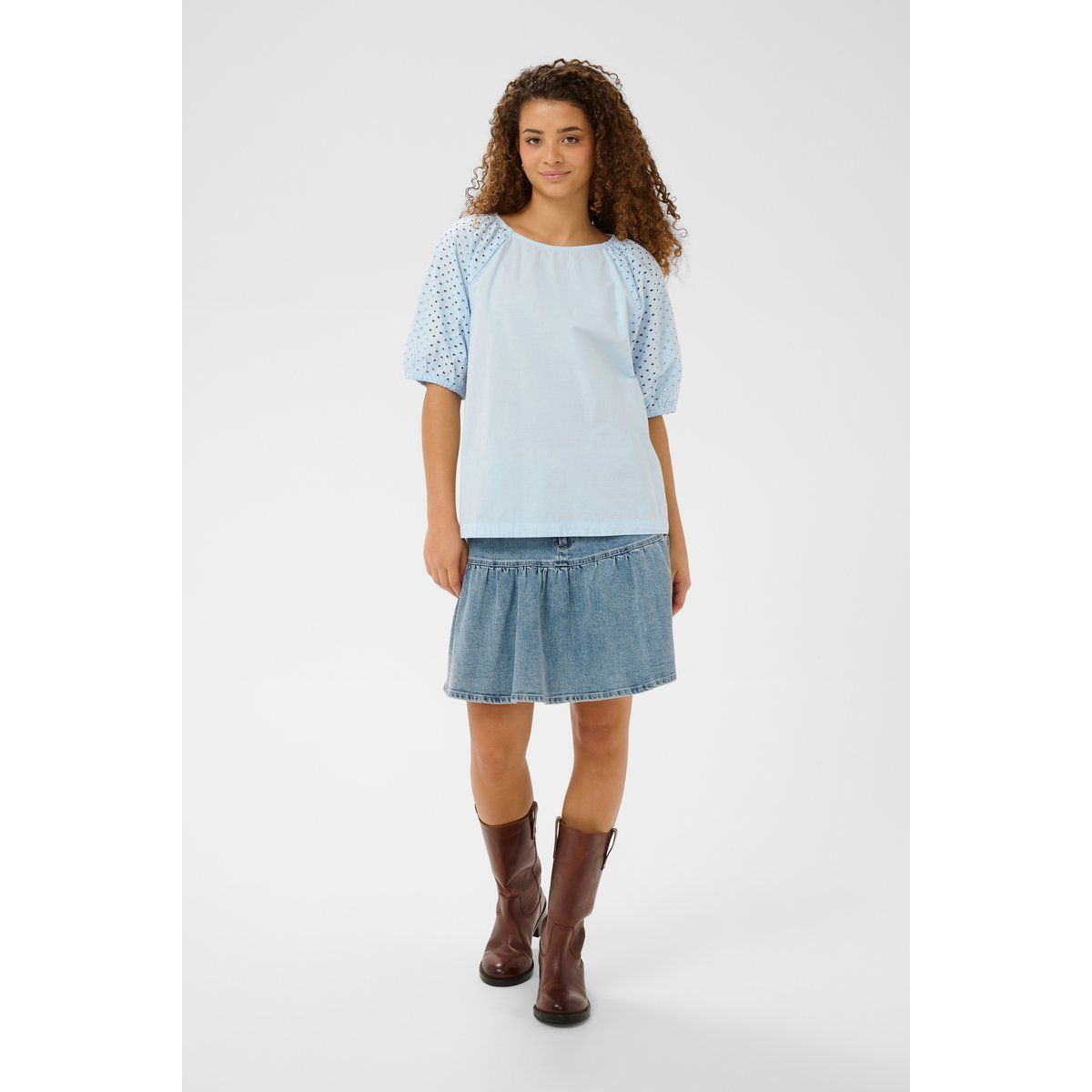 Lockere Popeline-Bluse mit Lochmuster-Ärmeln