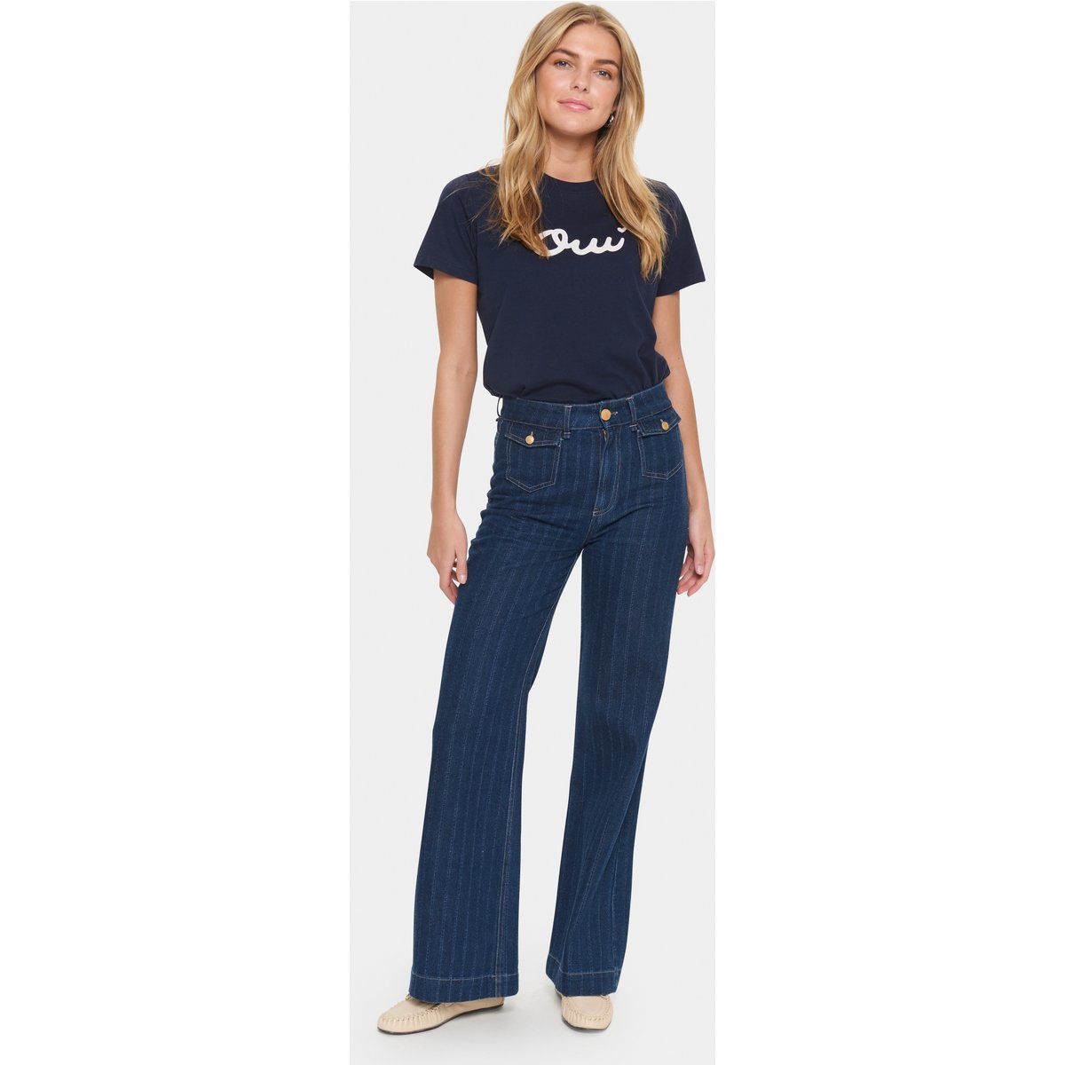 Hoch taillierte Weitbein-Jeans mit Nadelstreifen