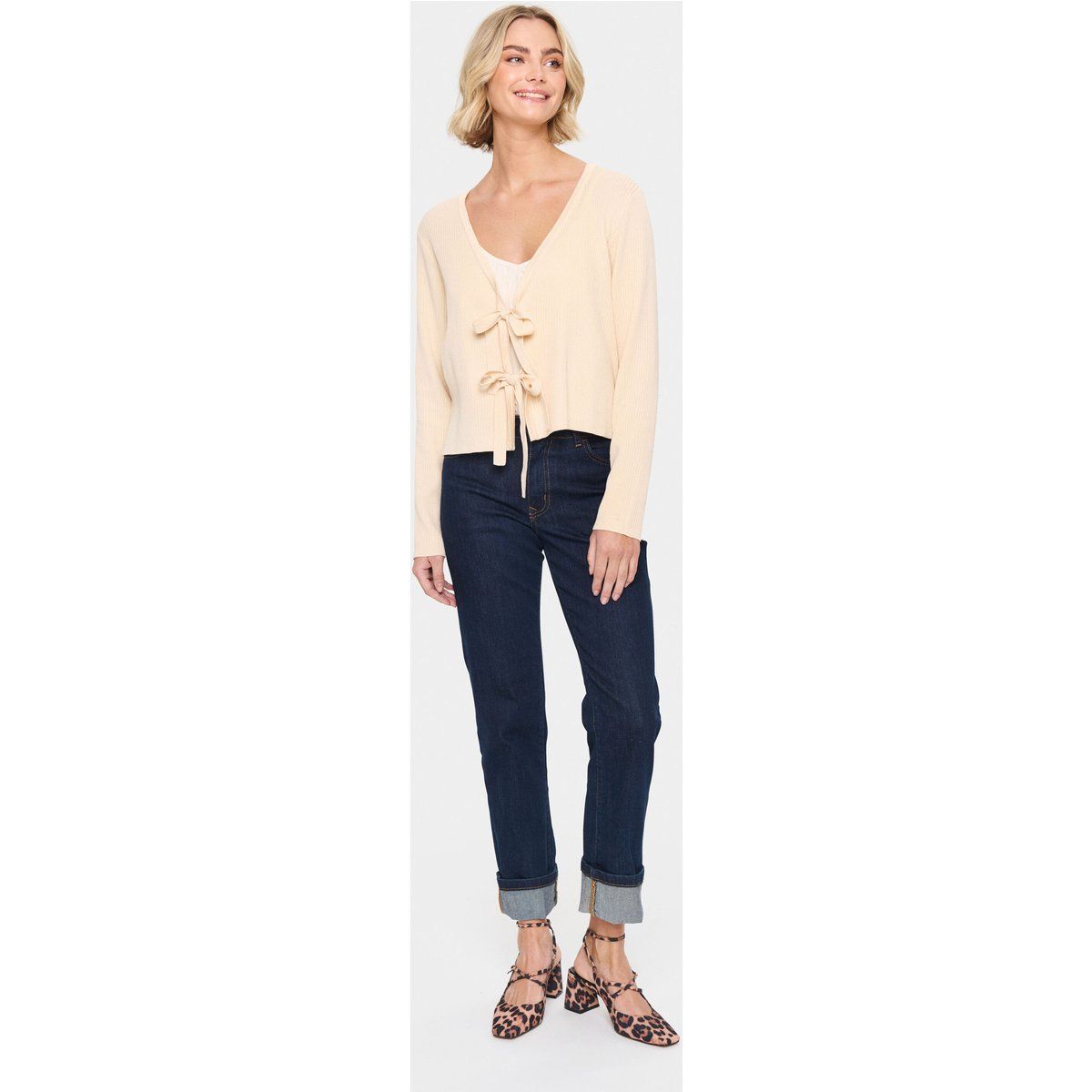 Rippstrick-Cardigan mit Bindebändern