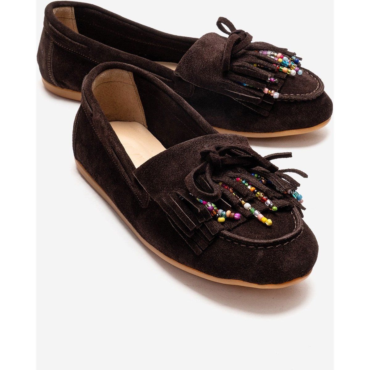 Wildleder-Loafer mit Fransen und Perlen