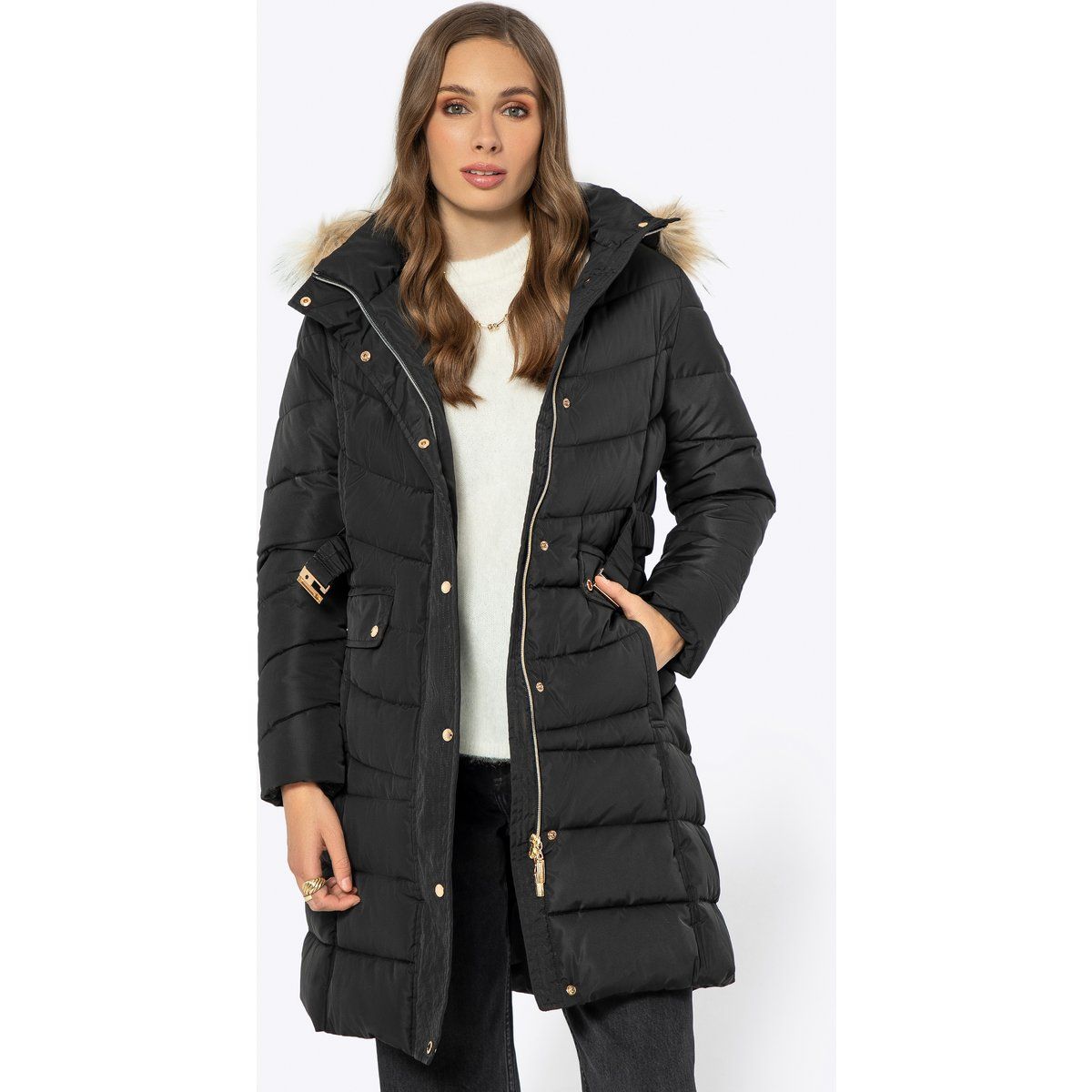 Mittellanger Stepp-Parka mit Kapuze