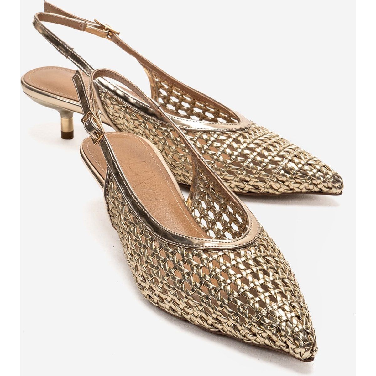 Geflochtene Metallic Slingback-Kitten-Heels