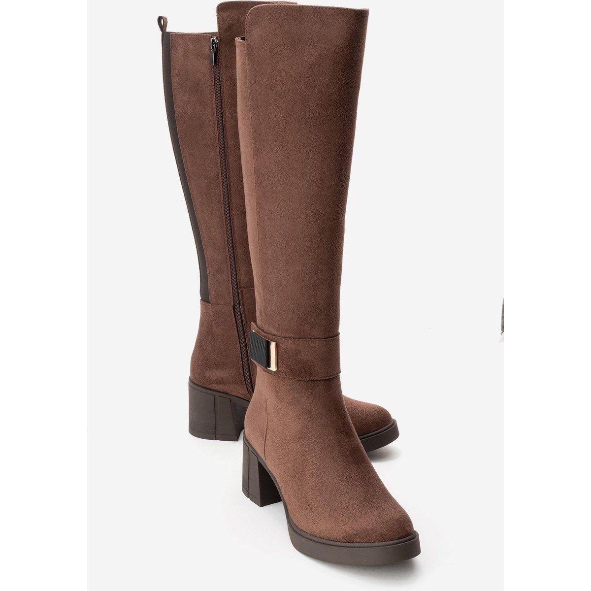Kniehohe Stiefel mit Blockabsatz in Wildlederoptik