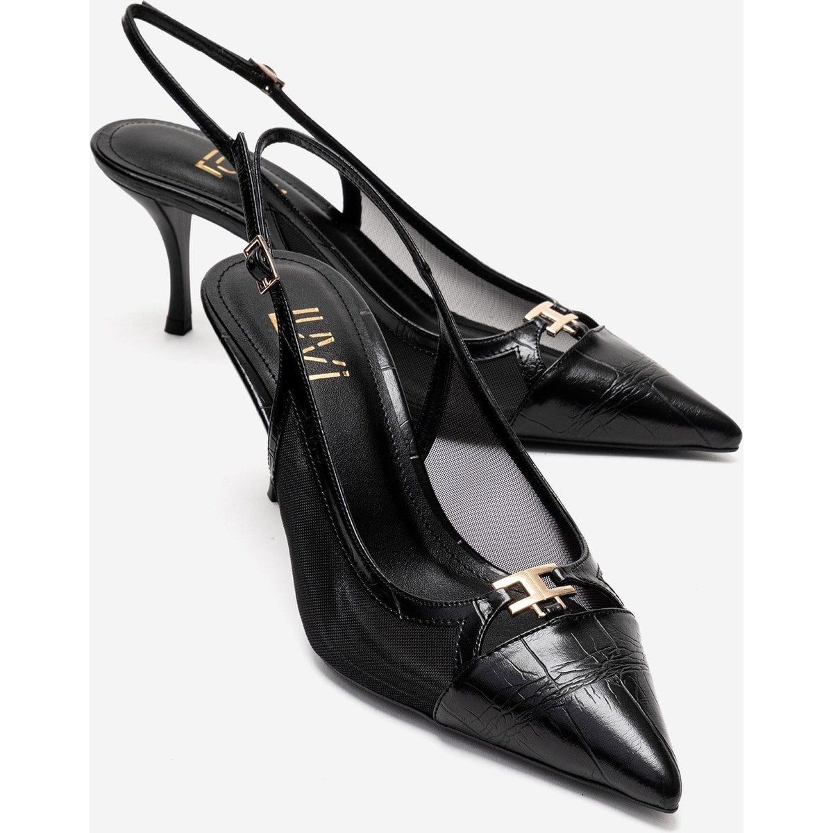 Stiletto-Pumps mit Mesh-Einsatz und Kroko-Prägung