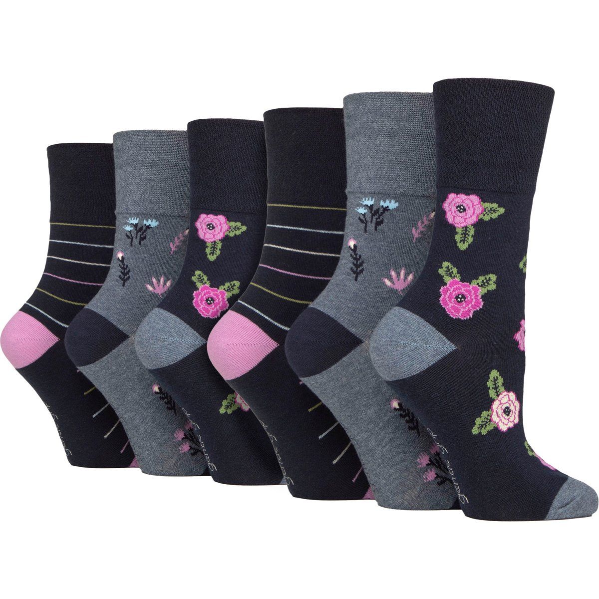 Gemusterte Socken mit Blumen und Streifen