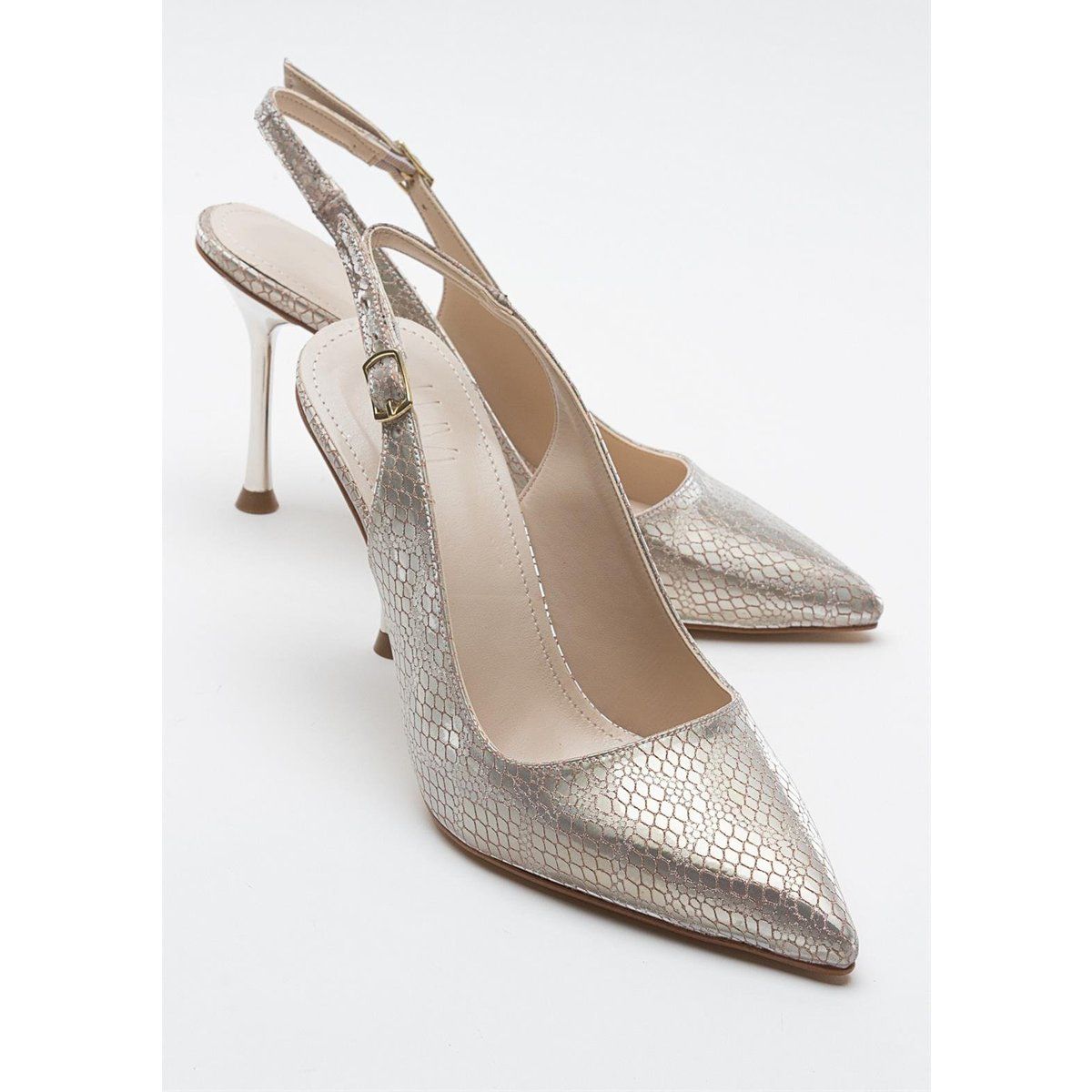 Slingpumps in Metallic-Optik mit Schlangenprägung