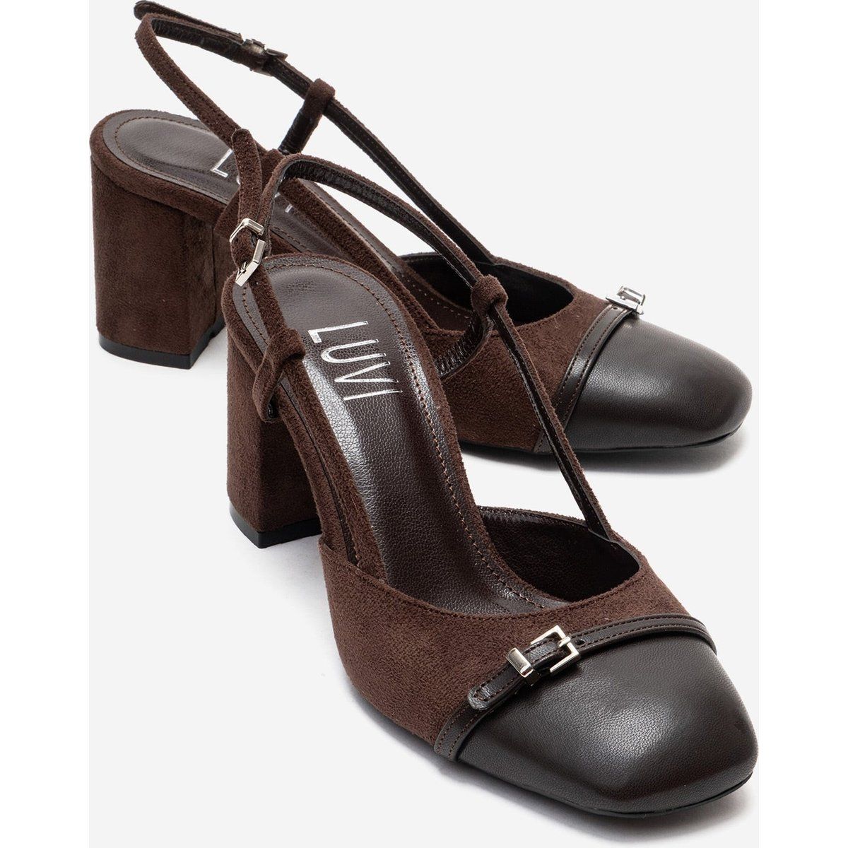 Zweifarbige Slingback-Pumps mit Blockabsatz