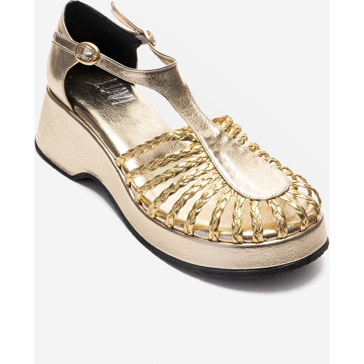 Geflochtene Keilabsatz-Sandalen mit T-Riemen