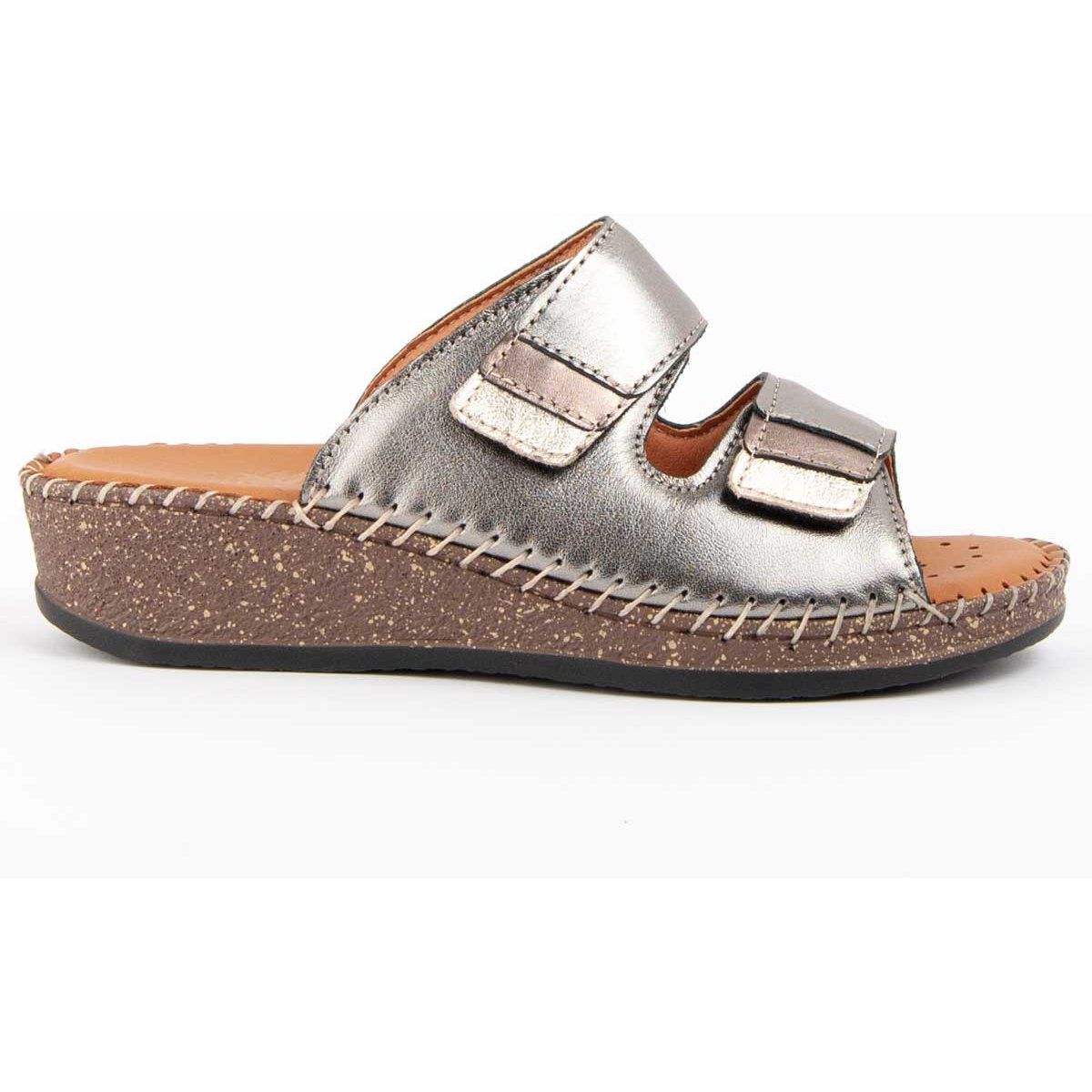 Metallic-Keilsandalen aus Leder mit Doppelriemen