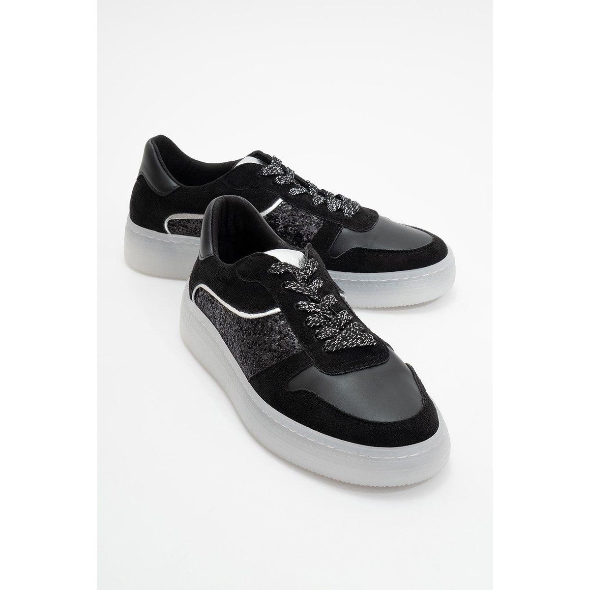 Glitzernde Mixed-Material-Plateau-Sneaker