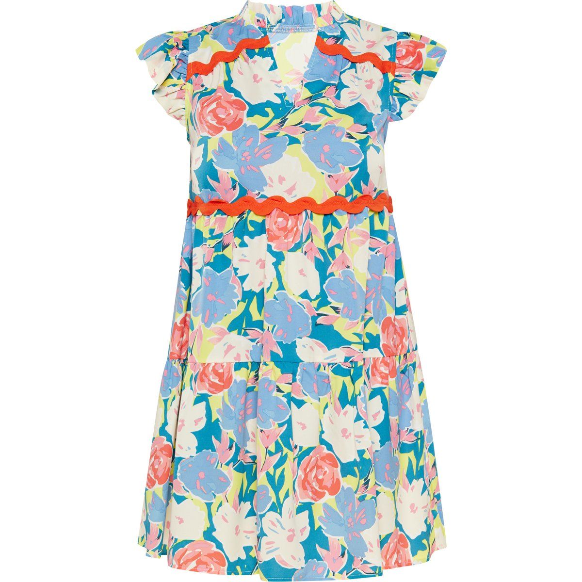 Gestuftes Mini-Kleid mit Blumenmuster und Rüschen
