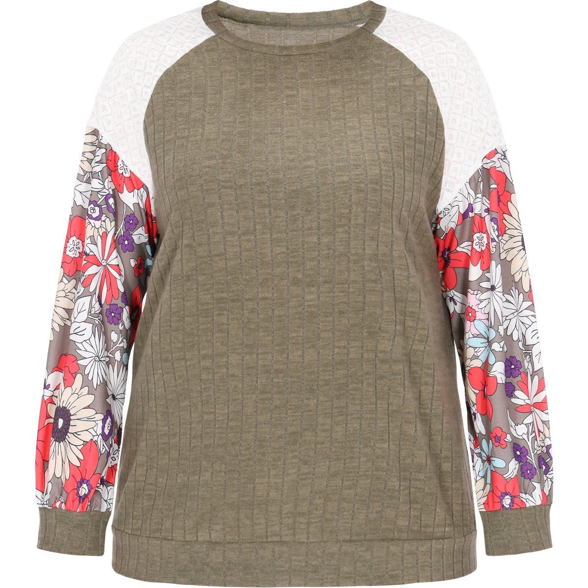 Geripptes Strickoberteil mit floralen Ärmeln