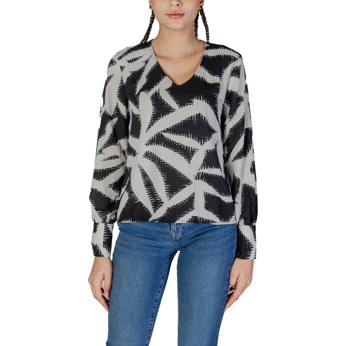 Bluse mit geometrischem Muster und V-Ausschnitt