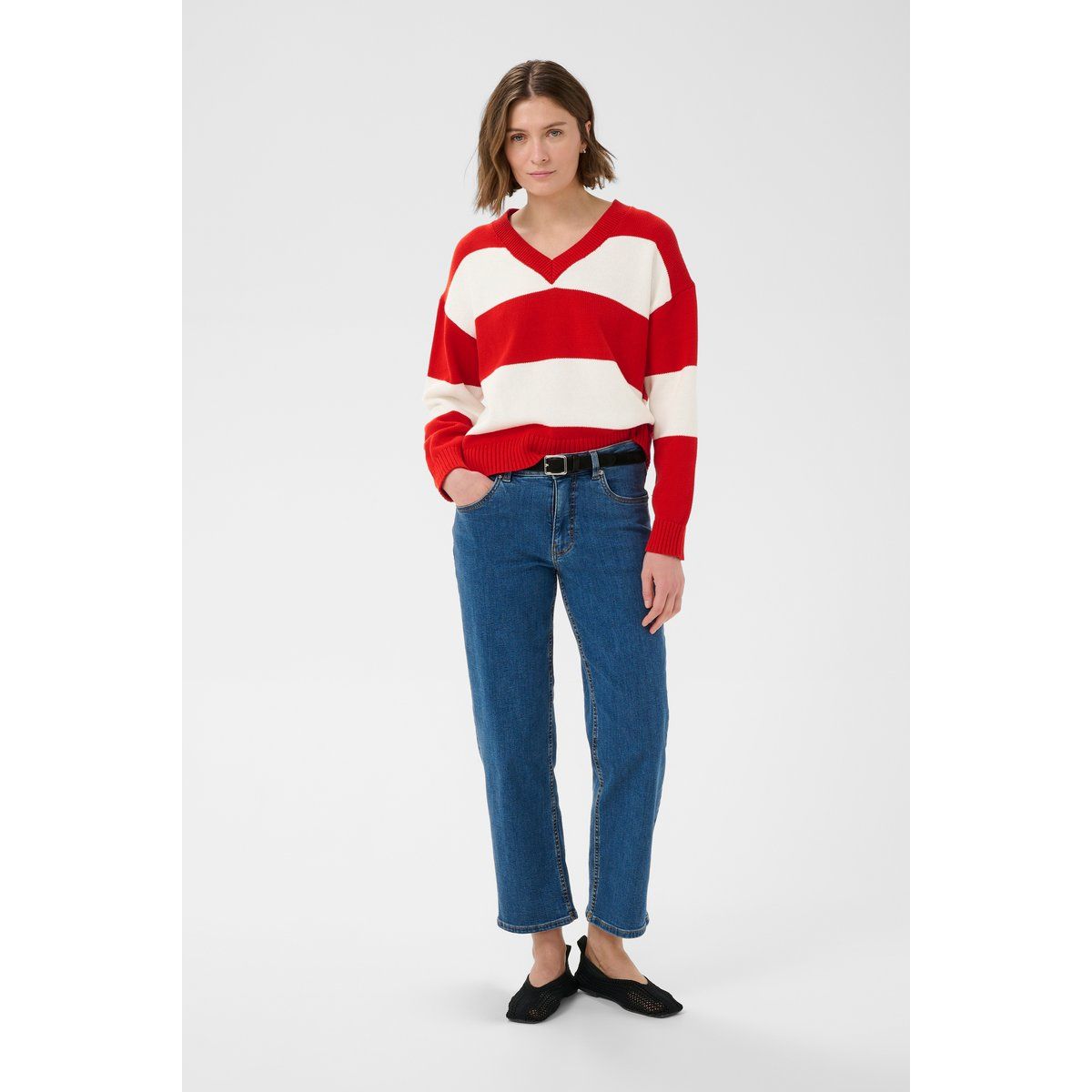 Gestreifter V-Ausschnitt Strickpullover Relaxed Fit