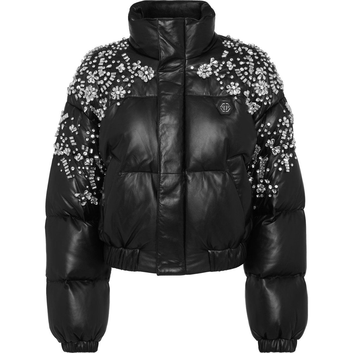 Kristallverzierte Leder-Pufferjacke