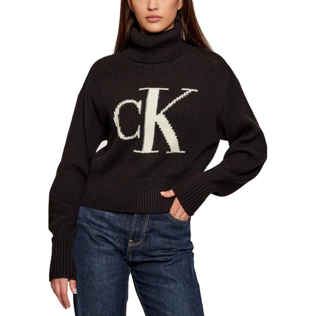 Cropped Rollkragenpullover mit Logo