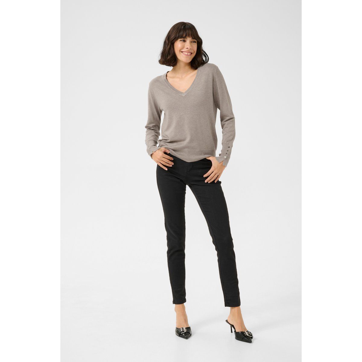 V-Ausschnitt Strickpullover mit Knopfmanschetten