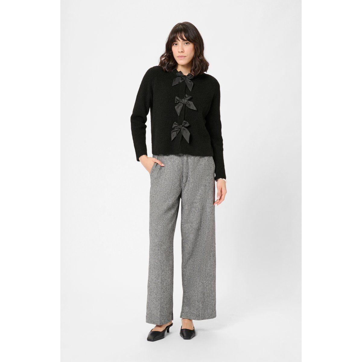 Rippstrick-Cardigan mit Satin-Schleifen