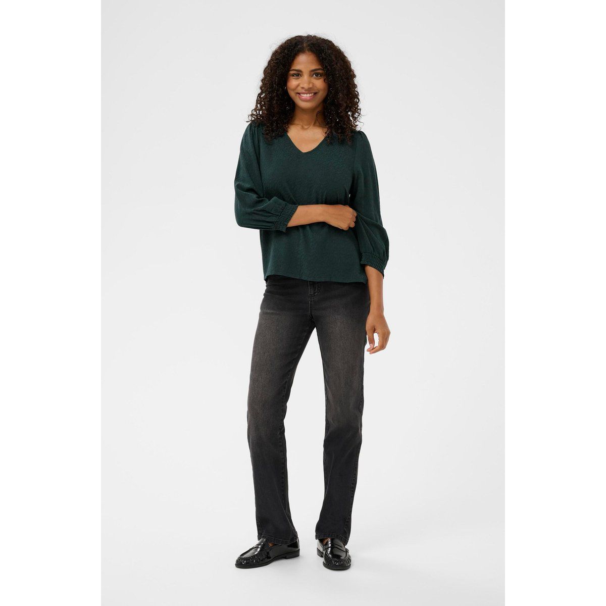 Strukturierte V-Ausschnitt Bluse mit Smok-Bündchen