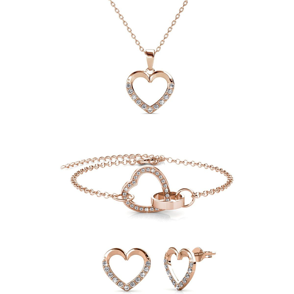 Schmuckset mit kristallbesetzten Herzen