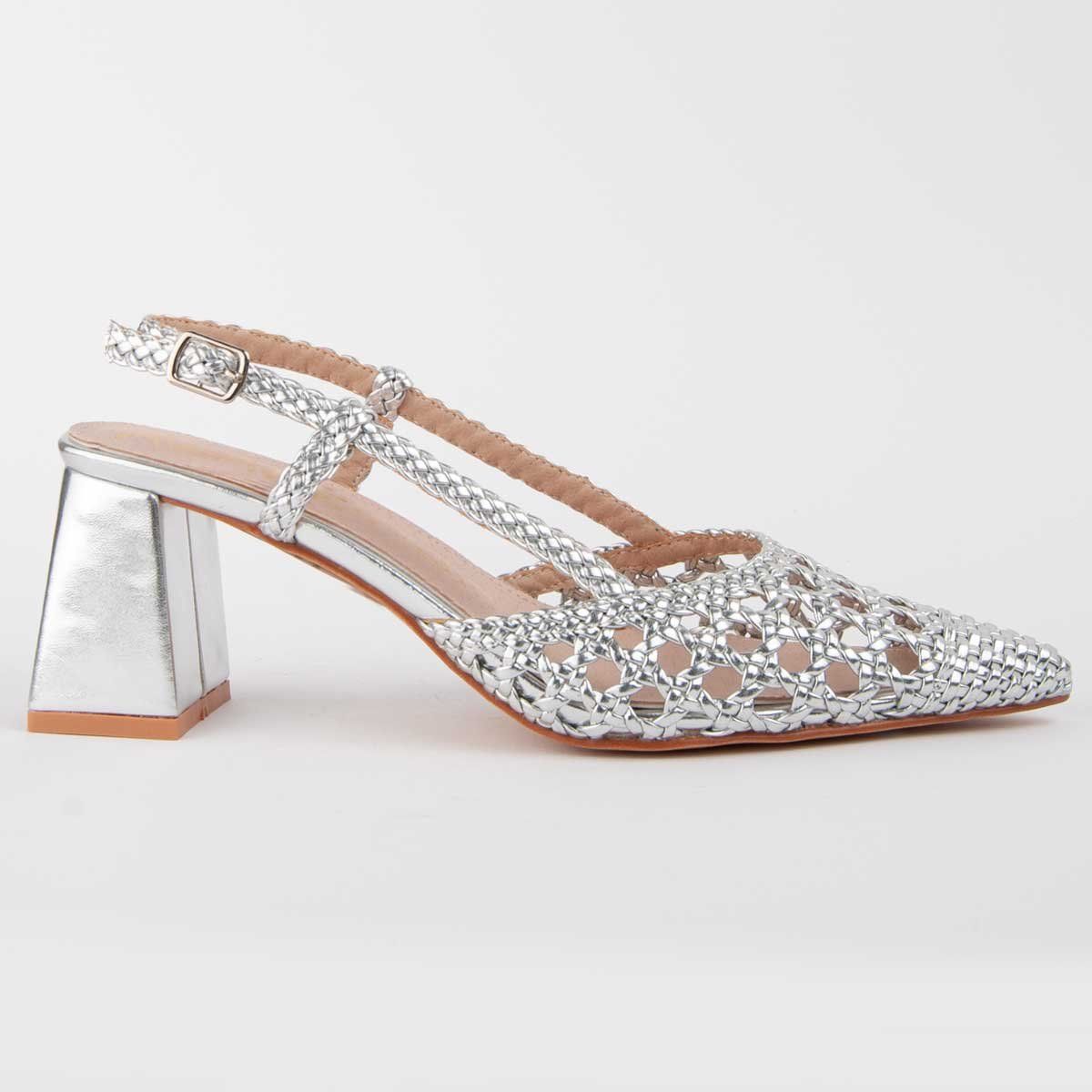 Geflochtene Metallic-Slingpumps mit Blockabsatz