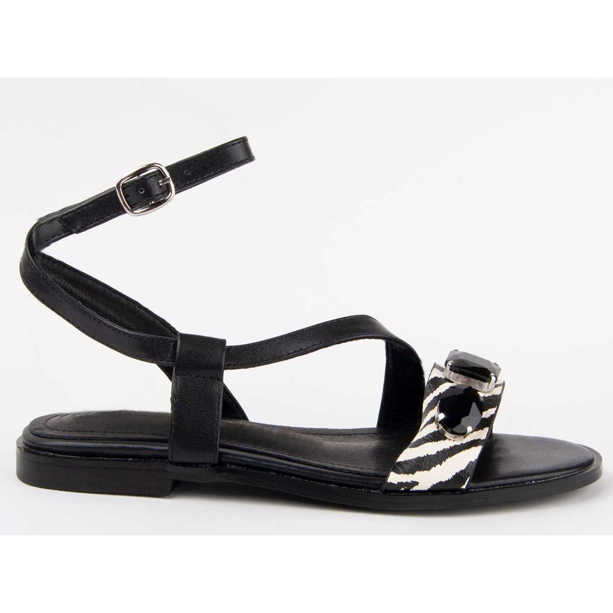 Flache Sandalen mit Animal-Print und Schmucksteinen
