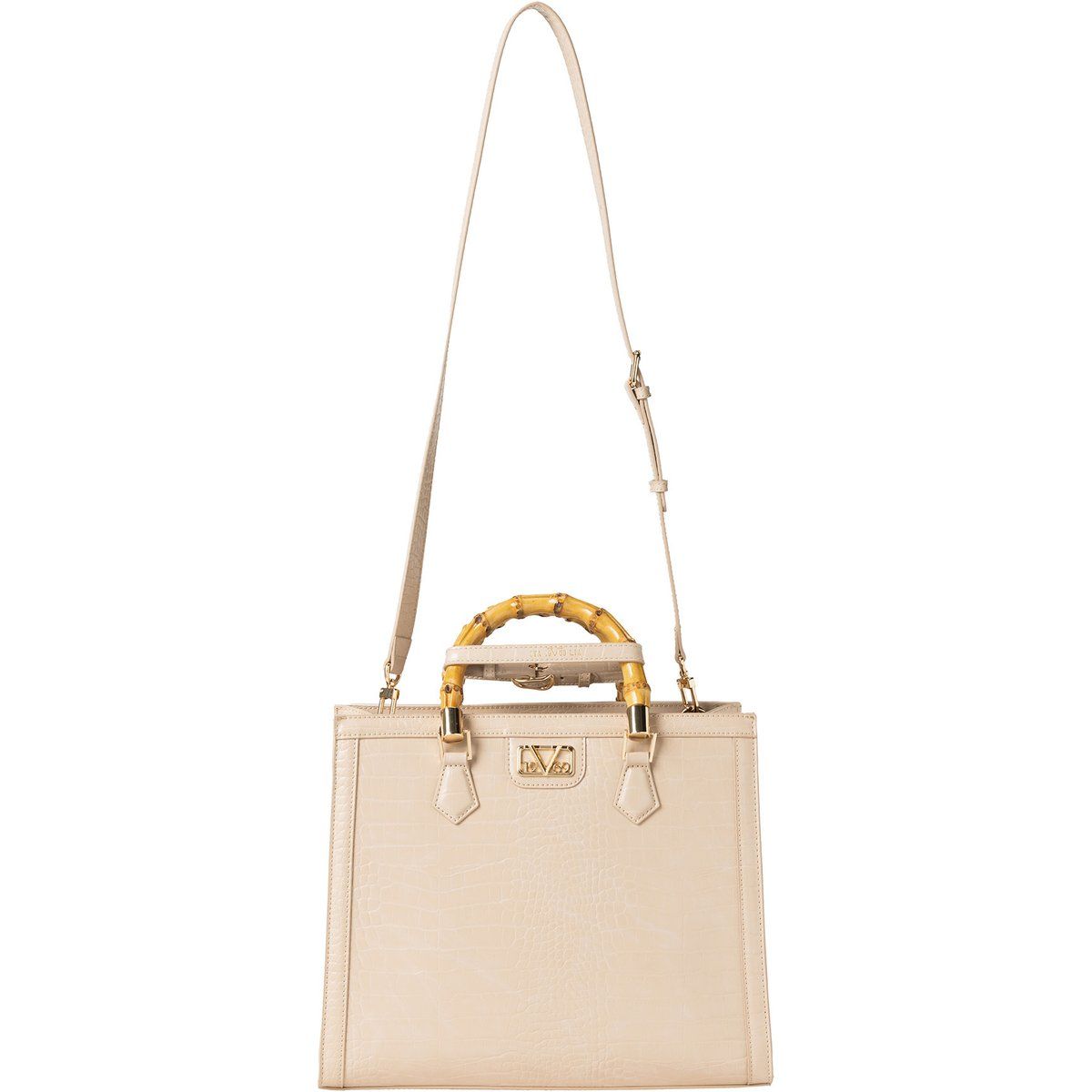 Handtasche in Kroko-Optik mit Bambusgriff