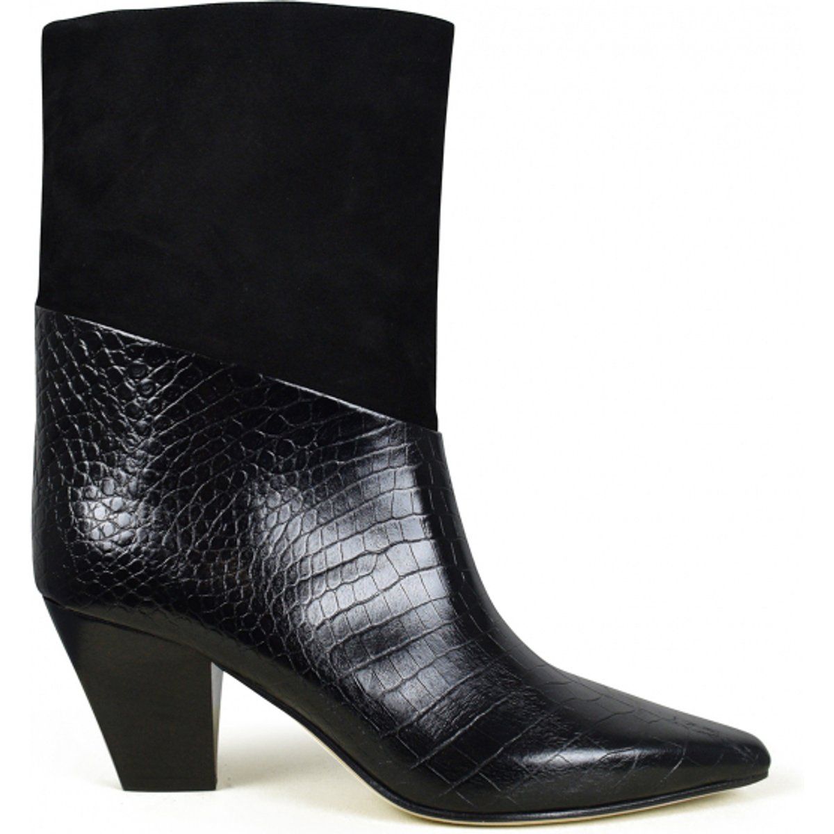Stiefeletten mit Kroko-Prägung und Wildleder