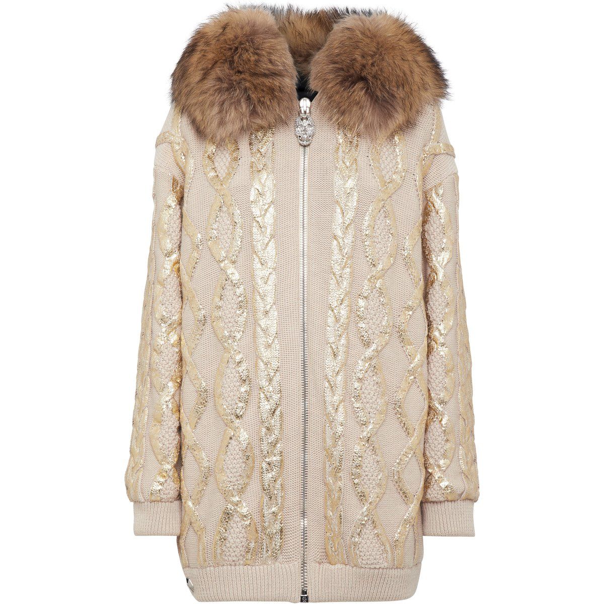 Metallic-Zopfstrickjacke mit Fuchspelz