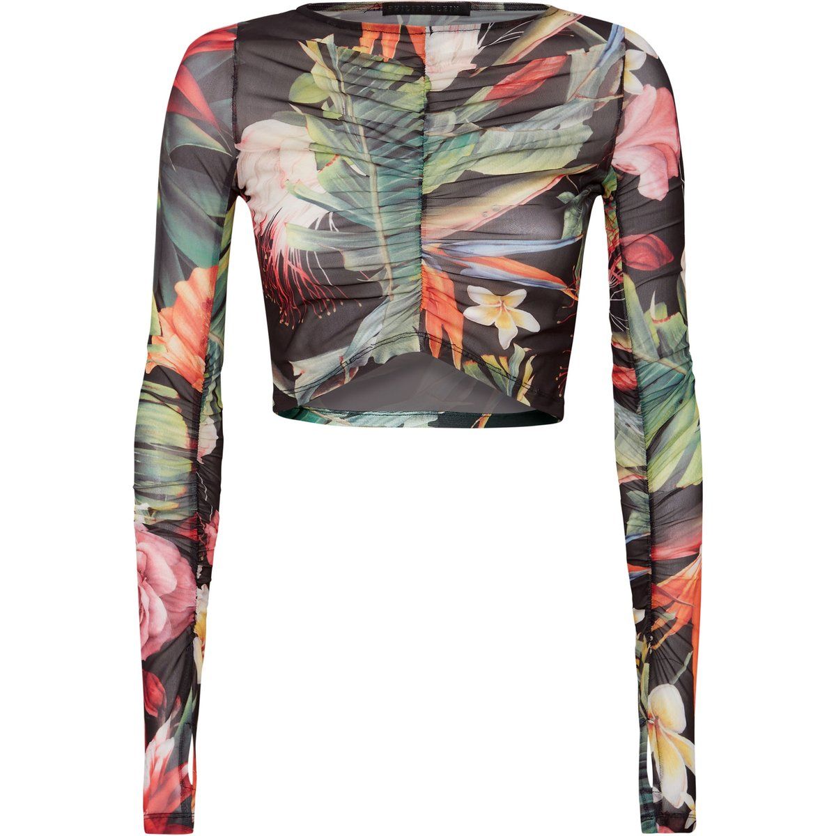 Gerafftes Crop-Top mit Tropenprint