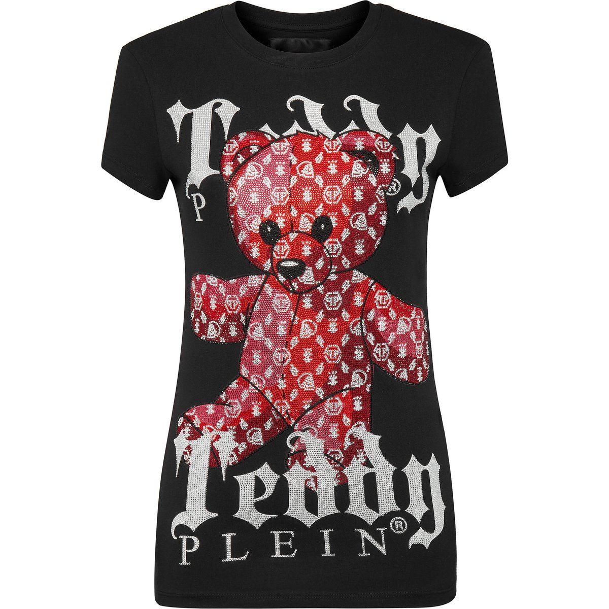 T-Shirt mit Strass-Teddybär-Monogramm