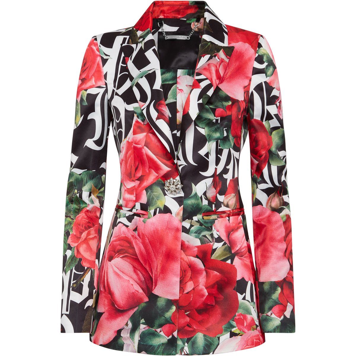 Satinblazer mit dunklem Rosen-Print