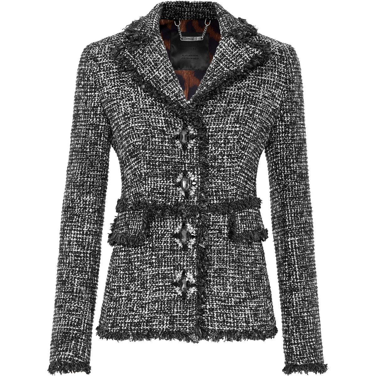 Tweed-Blazer mit Fransenkanten und Kristallknöpfen