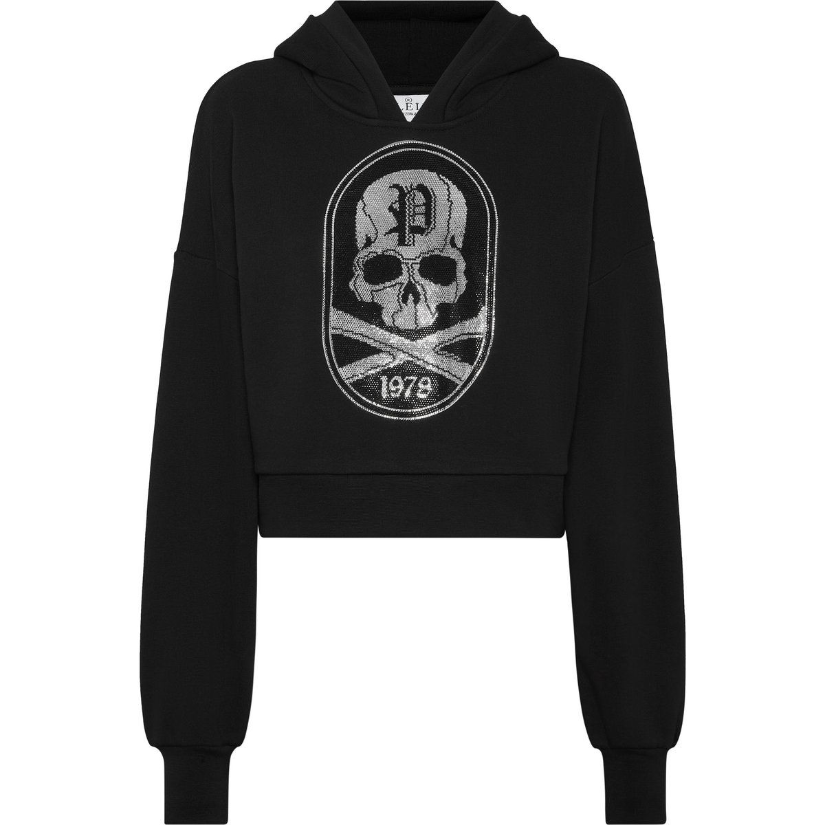 Kurzer Hoodie mit Strass-Totenkopf-Grafik