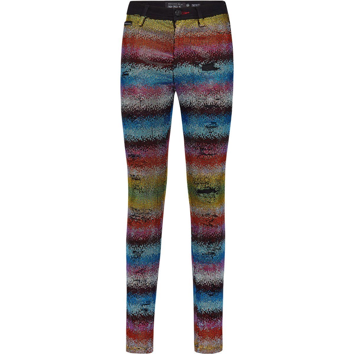 Regenbogen-Strass Jeggings mit Distressed-Details