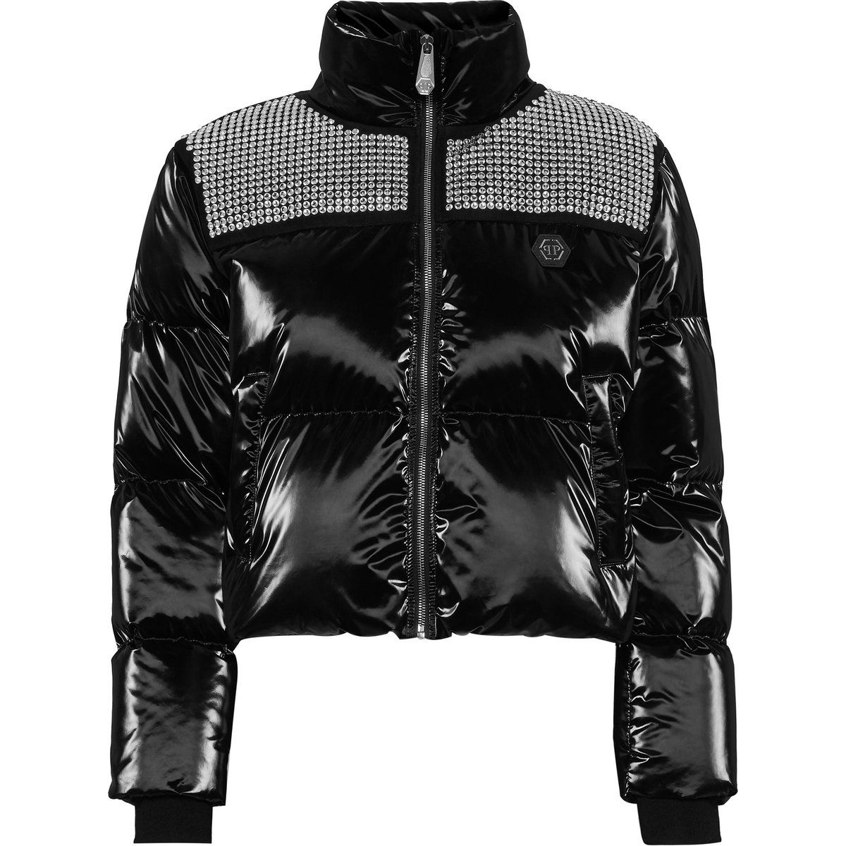 Hochglanz-Pufferjacke mit Strass-Schultern