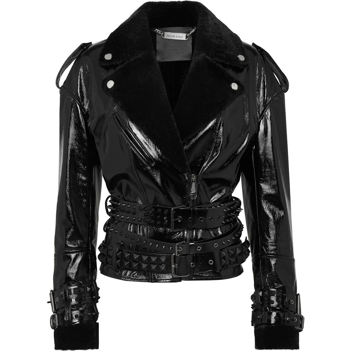 Bikerjacke aus Lack-Shearling mit Nieten