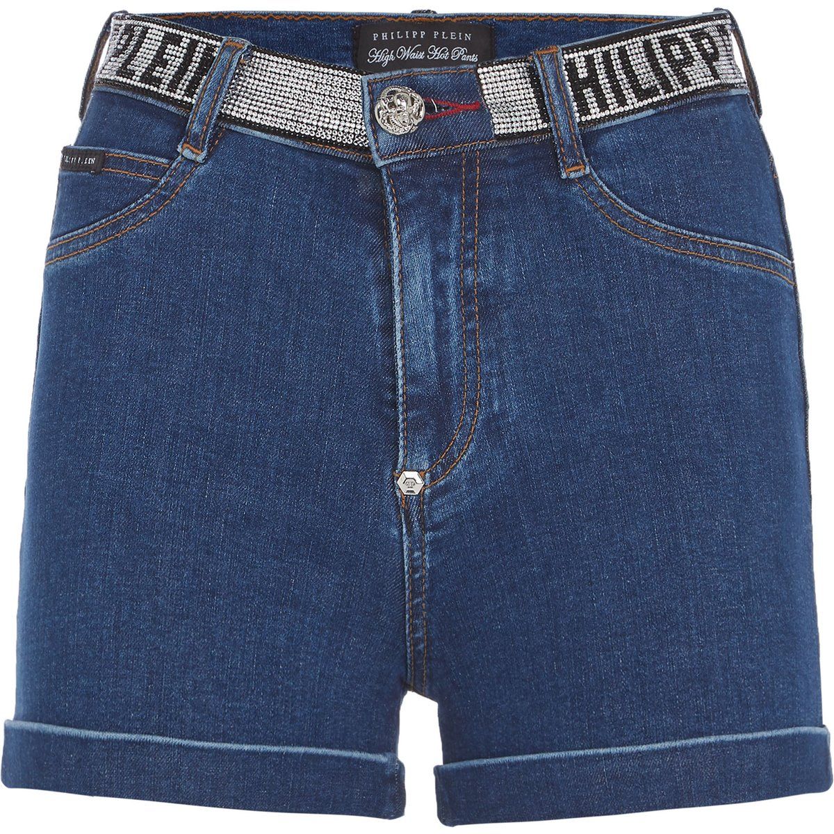 High-Waist Denim-Shorts mit Strass-Logo