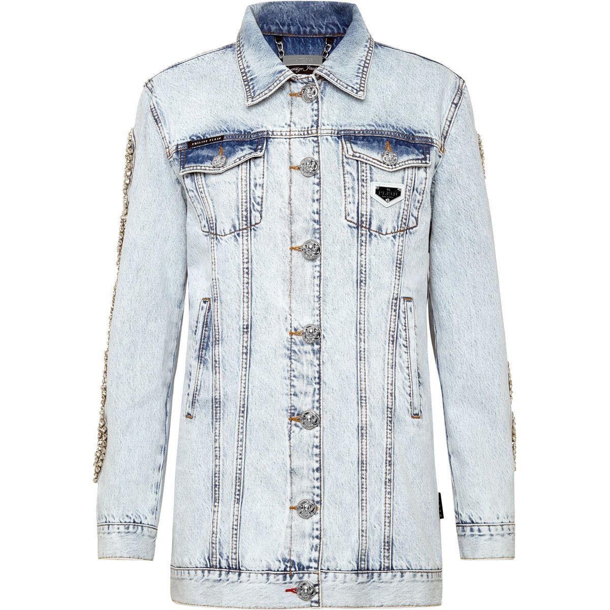 Kristallverzierte Jeansjacke im Distressed-Look