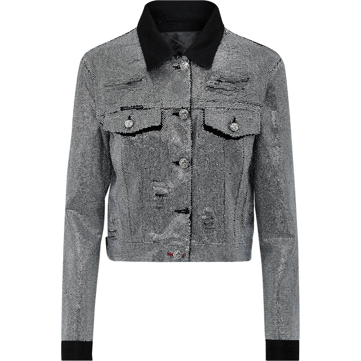 Distressed Jeansjacke mit Kristallbesatz