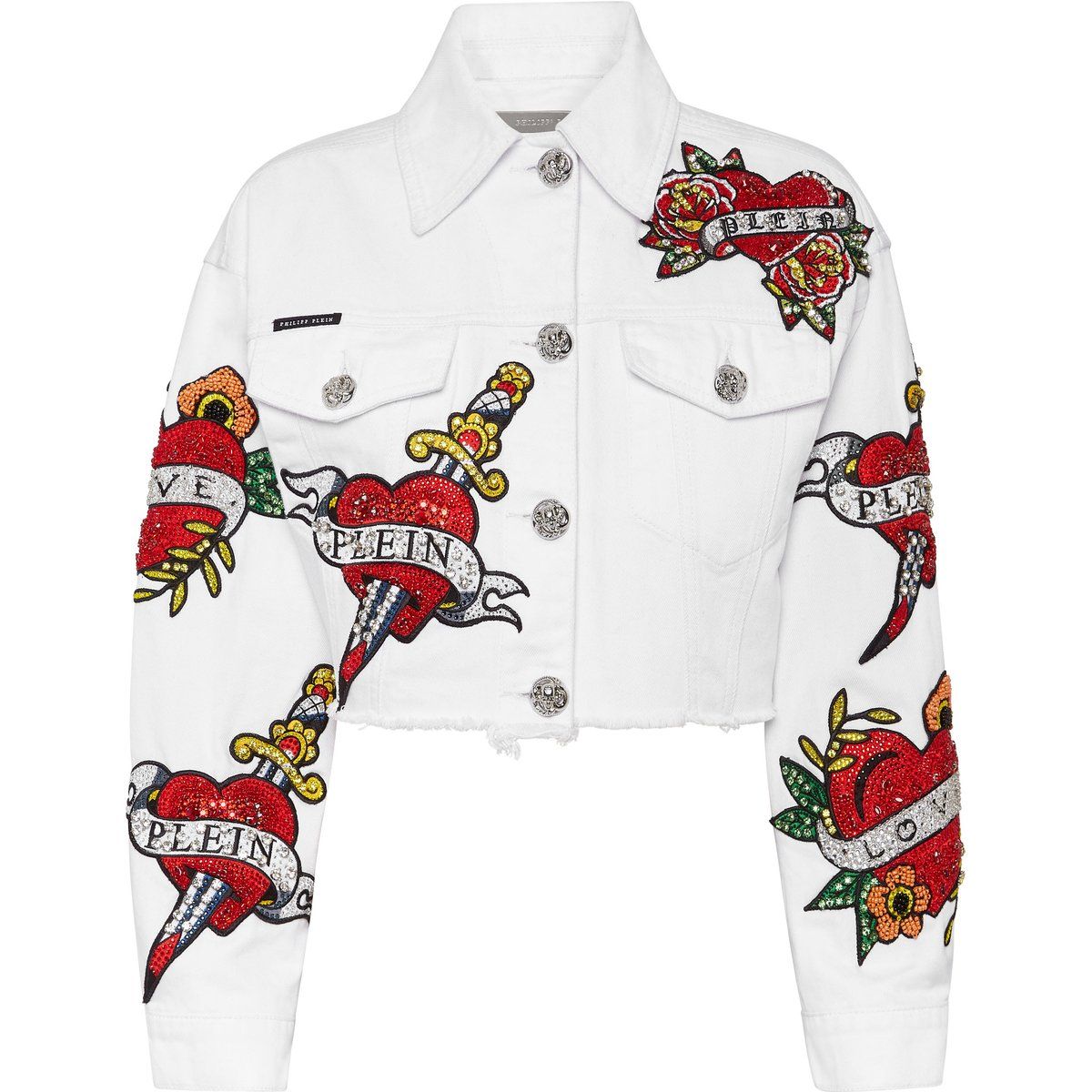 Kurze Jeansjacke mit Strass-Tattoo-Motiv