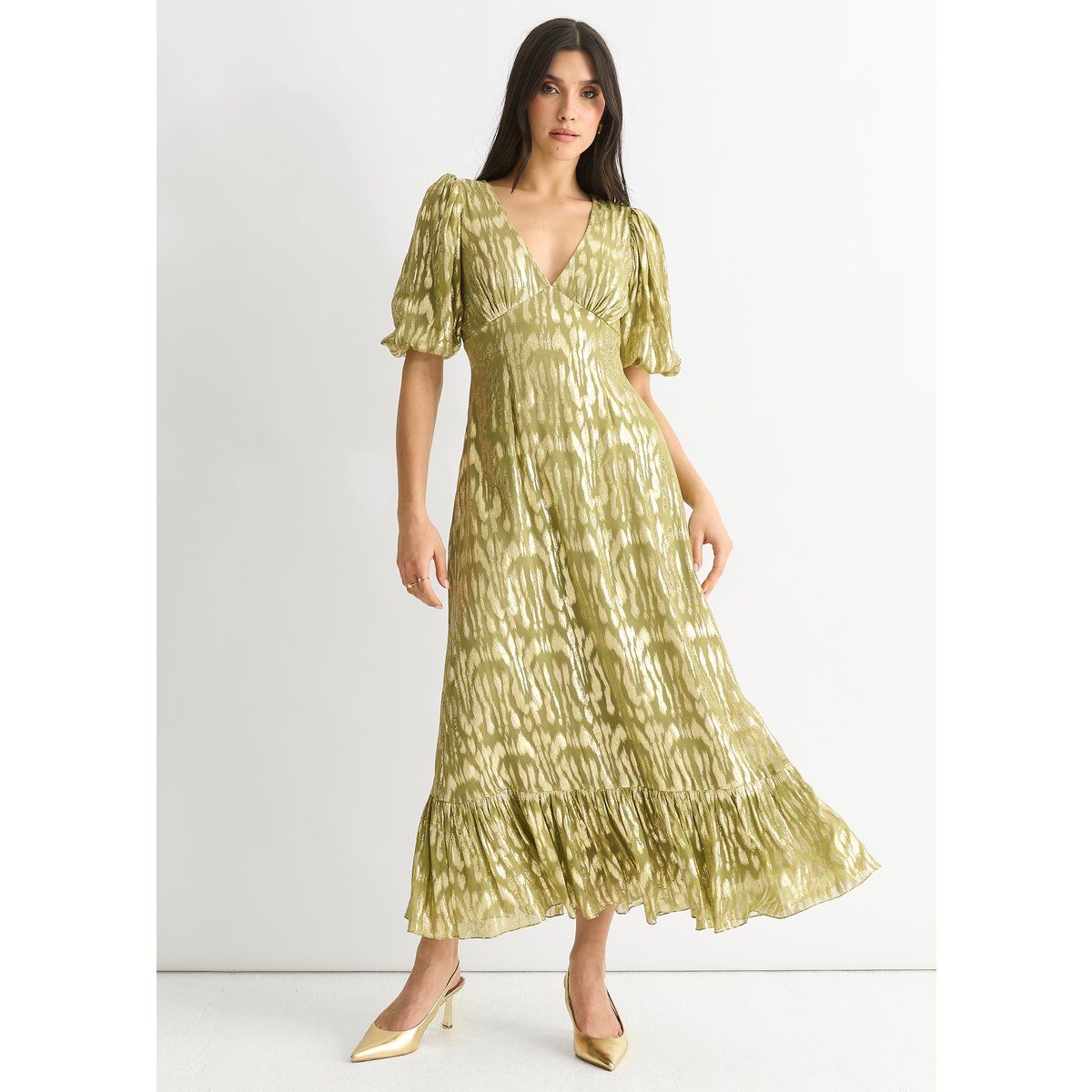 Midi-Kleid mit Metallic-Tier-Jacquard
