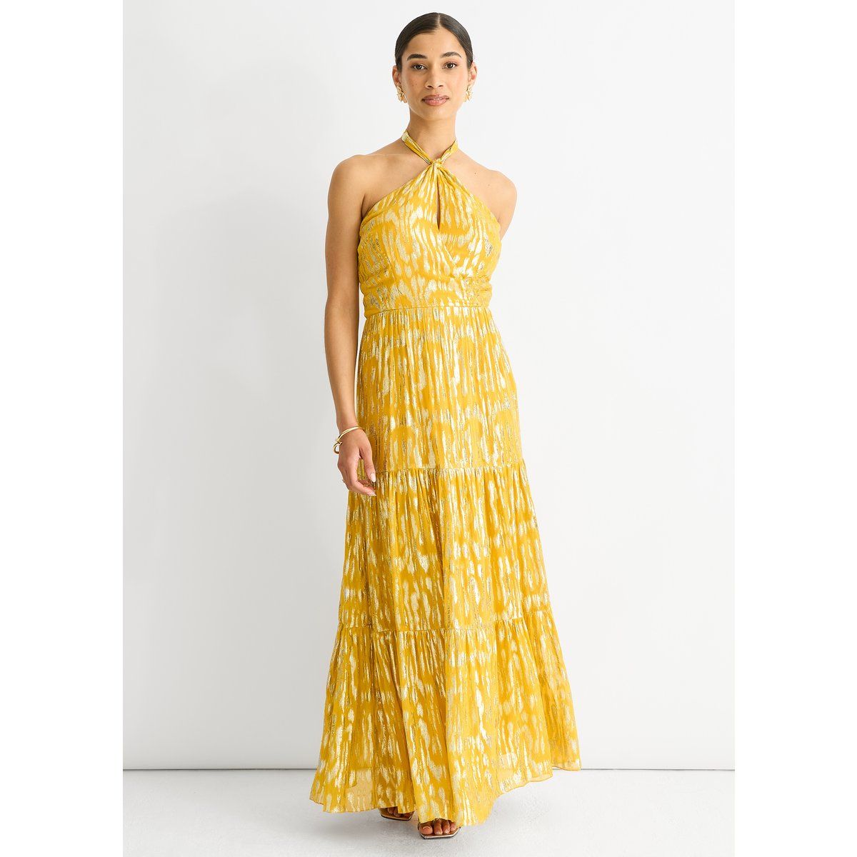 Schimmerndes Halter-Maxikleid mit Tier-Jacquard