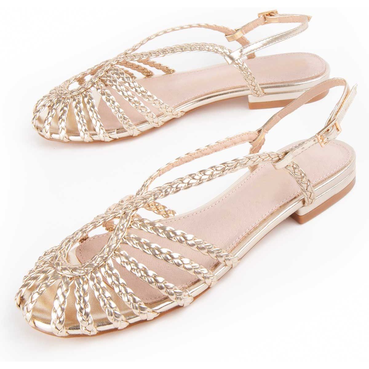 Geflochtene Metallic-Riemchen-Sandalen