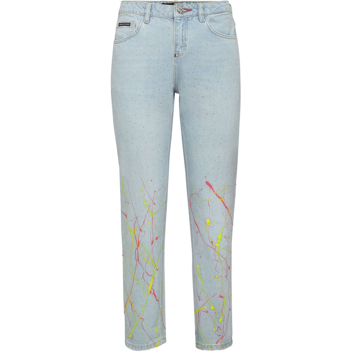 Boyfriend-Jeans mit Farbspritzern und Strass
