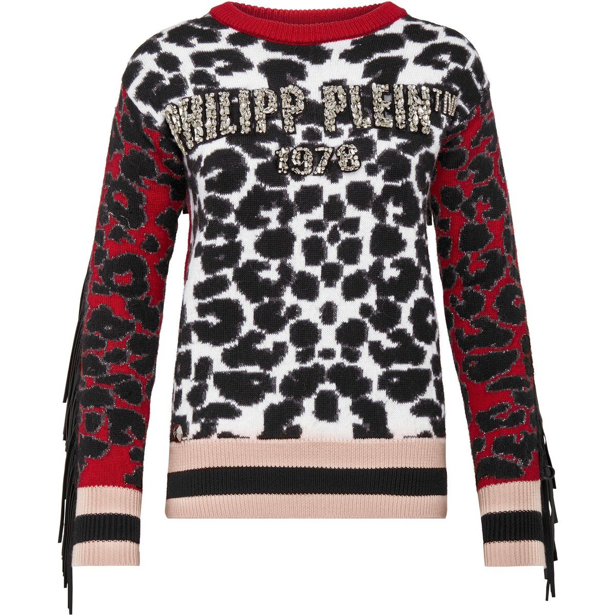 Verzierter Leoparden-Strickpullover mit Fransen